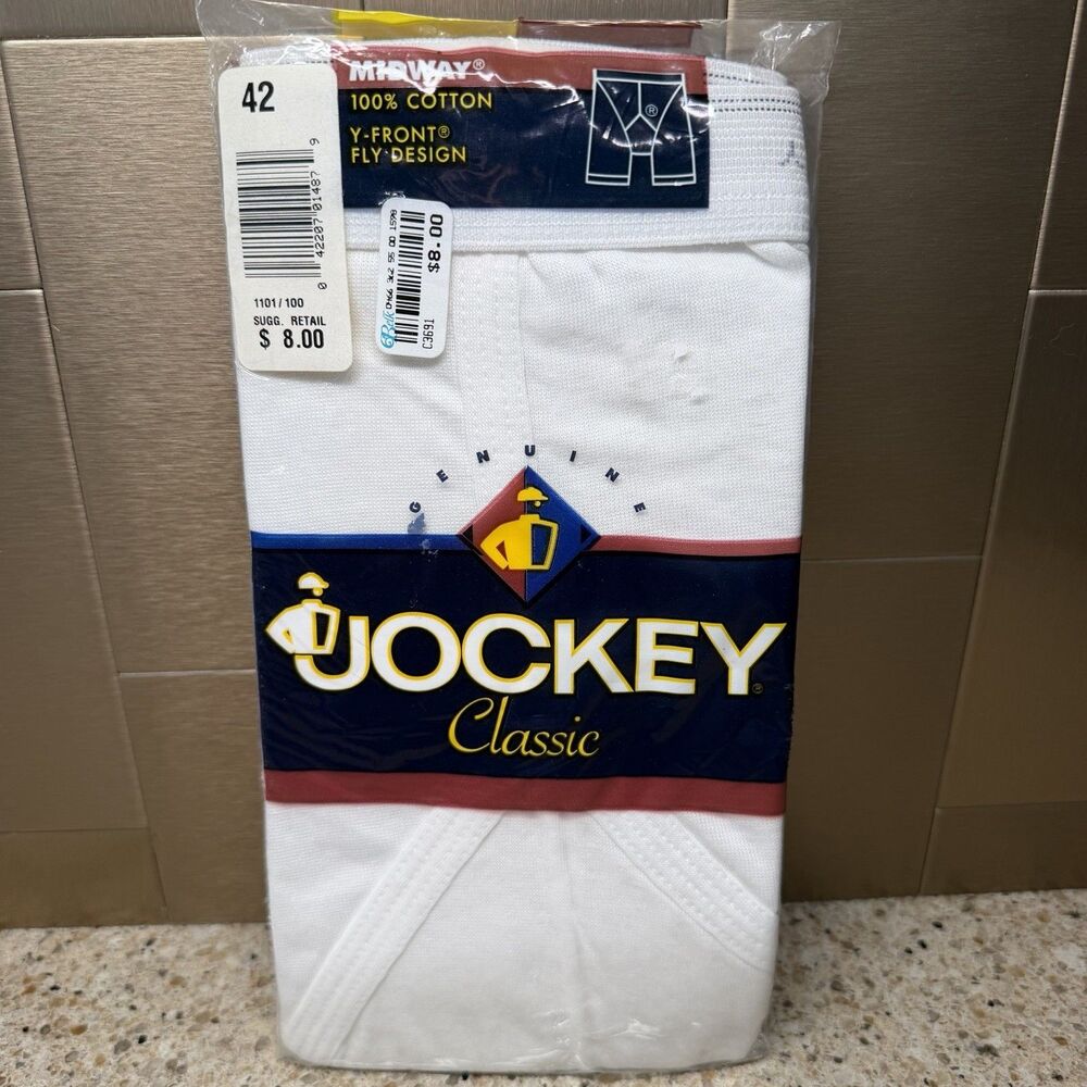 Vintage 1996 Jockey Classic Midway Briefs Size 42 White Cotton Y-Front USA NIP
